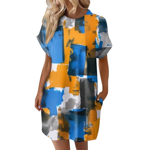 Damen Kleider Sommer Kurz Sommerkleid Leicht Elegant Strandkleid Luftig Blumenkleid Muster Sommerkleider Mit Ärmeln Tunika Kleid A Linie Shirtkleid Mini Weite Freizeitkleid Frauen Mit Taschen von FUPODD