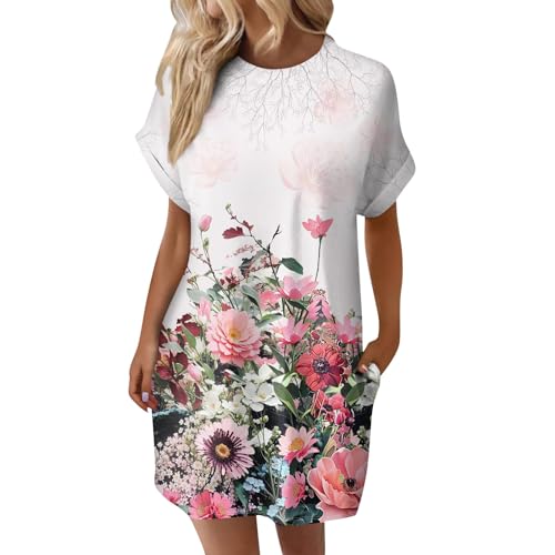Damen Kleider Sommer Kurz Sommerkleid Leicht Elegant Strandkleid Luftig Blumenkleid Muster Sommerkleider Mit Ärmeln Tunika Kleid A Linie Shirtkleid Mini Weite Freizeitkleid Frauen Mit Taschen von FUPODD