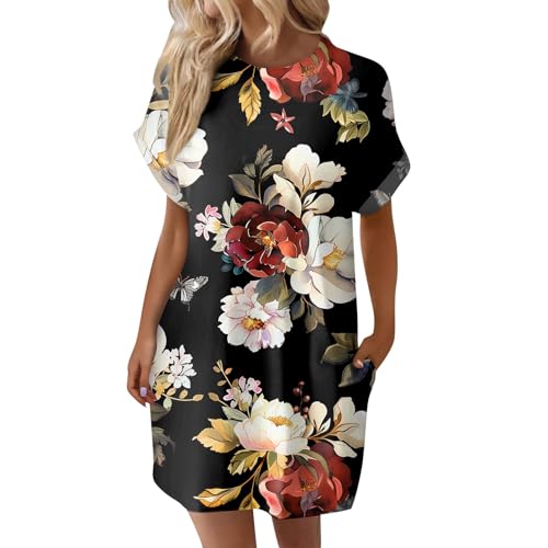Damen Kleider Sommer Kurz Sommerkleid Leicht Elegant Strandkleid Luftig Blumenkleid Muster Sommerkleider Mit Ärmeln Tunika Kleid A Linie Shirtkleid Mini Weite Freizeitkleid Frauen Mit Taschen von FUPODD