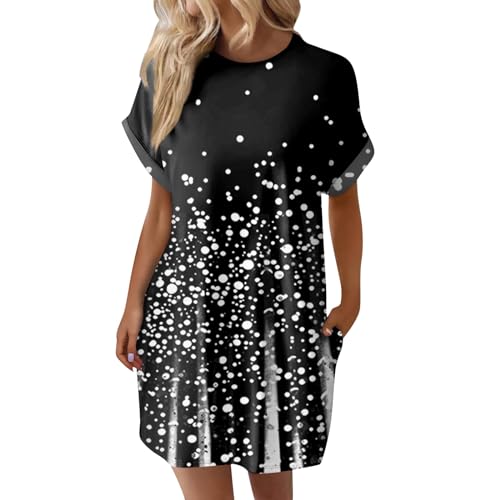 Damen Kleider Sommer Kurz Sommerkleid Leicht Elegant Strandkleid Luftig Blumenkleid Muster Sommerkleider Mit Ärmeln Tunika Kleid A Linie Shirtkleid Mini Weite Freizeitkleid Frauen Mit Taschen von FUPODD