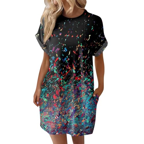 Damen Kleider Sommer Kurz Sommerkleid Leicht Elegant Strandkleid Luftig Blumenkleid Muster Sommerkleider Mit Ärmeln Tunika Kleid A Linie Shirtkleid Mini Weite Freizeitkleid Frauen Mit Taschen von FUPODD