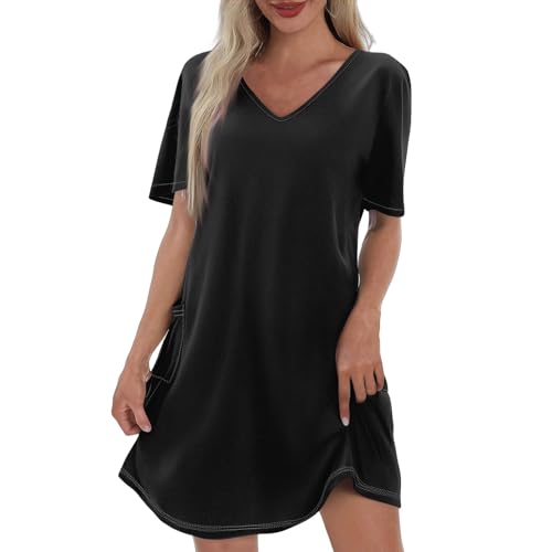 Damen Kleider Sommer Kurzarm Shirtkleider Kurz A Linie Sommerkleider Leicht Und Luftig Tshirt Kleid Mit Taschen Sommerkleid Locker Strandkleid Frauen Elegant Freizeitkleid Schick Minikleid von FUPODD