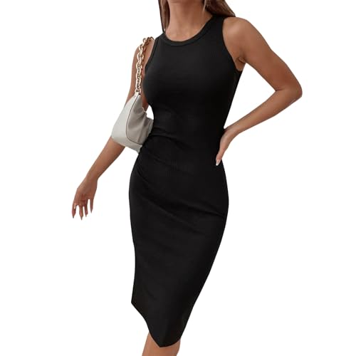 Damen Kleider Sommer Lang Elegant Tank Kleid Eng Sommerkleid Midi Leicht Strandkleid Luftig Ärmellos Kleid Gerade Geschnitten Gestricktes Midikleid Curvy Bleistiftkleid Sexy Frauen Rundhals von FUPODD