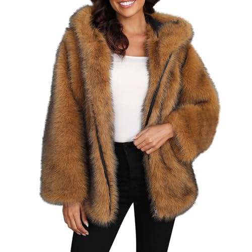 Damen Kunstpelz Mantel Warme Winterjacke Faux Pelz Mäntel Winter Dicke Pelzmantel Frauen Mit Kaputze Felljacke Zipper Große Größen Plüschmantel Elegant Outwear Kunstfell Oberteile Mode Tops von FUPODD