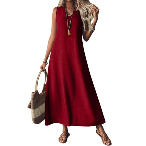 Damen Maxikleider Sommer Ärmellos Sommerkleid Damen Lang Baumwolle Leinen Kleider Maxi Elegant A Linie Sommerkleider Leicht Und Luftig Leinenkleid Frauen Lässig Boho Tunika Kleid V Ausschnitt von FUPODD