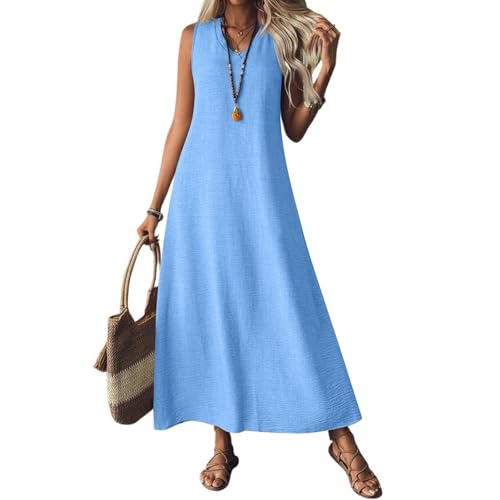 Damen Maxikleider Sommer Ärmellos Sommerkleid Damen Lang Baumwolle Leinen Kleider Maxi Elegant A Linie Sommerkleider Leicht Und Luftig Leinenkleid Frauen Lässig Boho Tunika Kleid V Ausschnitt von FUPODD