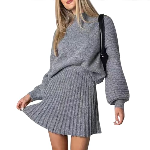 Damen Sexy Gestrickter Häkelrock Set 2Pcs Outfits Y2K Langarm Pullover Top Hohe Taille Bodycon Rock Freizeit Gebratener Teig Twist Navel Pullover Gesäßrock Strickanzug Frauen von FUPODD