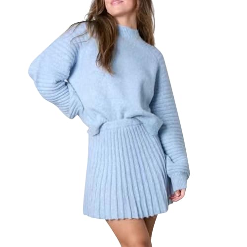 Damen Sexy Gestrickter Häkelrock Set 2Pcs Outfits Y2K Langarm Pullover Top Hohe Taille Bodycon Rock Freizeit Gebratener Teig Twist Navel Pullover Gesäßrock Strickanzug Frauen von FUPODD
