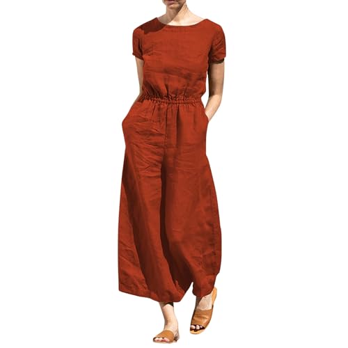 Damen Sommer Jumpsuit Baumwolle Leinen Jumpsuits Für Damen Elegant 7/8 Lang Weites Bein Overall Sommer Kurzarm Mit Tasche Kuschel Romper Frauen Mit Gürtel Lässiger Baggy Hosenanzug Gummizug von FUPODD