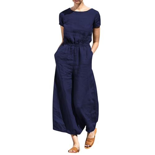 Damen Sommer Jumpsuit Baumwolle Leinen Jumpsuits Für Damen Elegant 7/8 Lang Weites Bein Overall Sommer Kurzarm Mit Tasche Kuschel Romper Frauen Mit Gürtel Lässiger Baggy Hosenanzug Gummizug von FUPODD