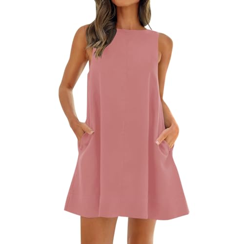 Damen Sommer Kleid Kurz Ärmellos Sommerkleid Rückenfrei Elegant Kleider Mit Taschen Minikleider A Linie Sommerkleider Frauen Leicht Und Luftig Strandkleid Locker Mini Damenkleider Baumwolle von FUPODD