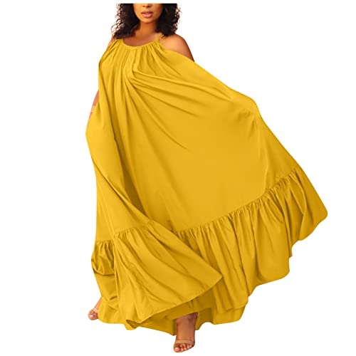 Damen Sommer Maxikleid Rüschen Spaghettiträger-Kleid Locker Sommerkleid Lang Elegant A Linie Kleid Frauen Weite Kleider Maxi Sommerkleider Leicht Und Luftig Strandkleid Rückenfrei Schnürung von FUPODD