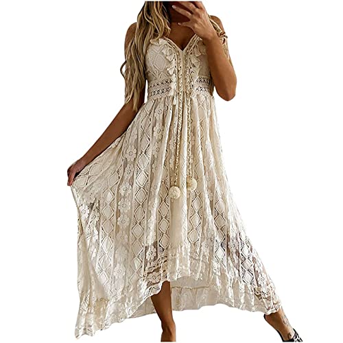 Damen Sommerkleid Elegant Maxikleid Ibiza Style Kleider Boho Kleid Spitze Ärmellos V Ausschnitt Lochstickerei Sommerkleid Frauen Spaghettiträger Rückenfrei Strandkleid Vorne Kurz Hinten Lang von FUPODD