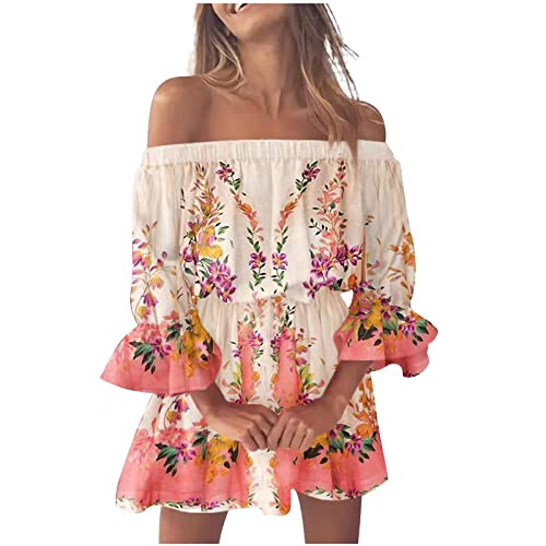 Damen Sommerkleid Kurz A Linie Boho Kleid Frauen Schulterfrei Rüschen Mit Ärmeln Sommerkleider Leicht Und Luftig Strandkleid Elegant Italienische Kleider Blumen Off Shoulder Damenkleider Mini von FUPODD