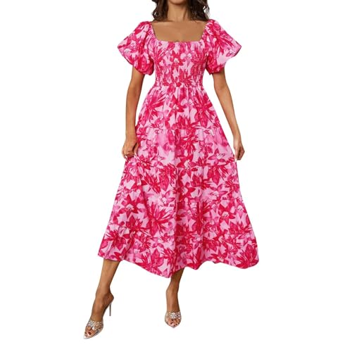 Damen Sommerkleid Lang Elegant A Linie Blumen Gesmoktes Kleid Italienische Maxikleid Damen Sommer Rüschen Sommerkleider Frauen Leicht Luftig Skaterkleid Plissee Puffärmel Kleider Rückenfrei von FUPODD
