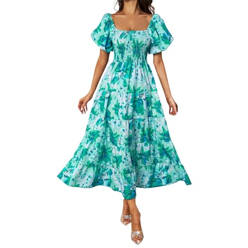 Damen Sommerkleid Lang Elegant A Linie Blumen Gesmoktes Kleid Italienische Maxikleid Damen Sommer Rüschen Sommerkleider Frauen Leicht Luftig Skaterkleid Plissee Puffärmel Kleider Rückenfrei von FUPODD