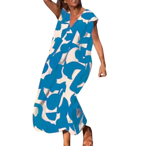 Damen Sommerkleid Lang Locker Kleider V Ausschnitt Elegant Maxi Sommerkleider Damen Leicht Und Luftig Damenkleider Casual Muster Kleid Frauen Dünne Weite Strandkleid Luftige Kleid Kurzarm von FUPODD