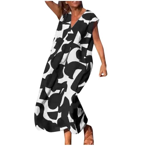 Damen Sommerkleid Lang Locker Kleider V Ausschnitt Elegant Maxi Sommerkleider Damen Leicht Und Luftig Damenkleider Casual Muster Kleid Frauen Dünne Weite Strandkleid Luftige Kleid Kurzarm von FUPODD