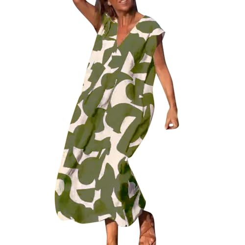 Damen Sommerkleid Lang Locker Kleider V Ausschnitt Elegant Maxi Sommerkleider Damen Leicht Und Luftig Damenkleider Casual Muster Kleid Frauen Dünne Weite Strandkleid Luftige Kleid Kurzarm von FUPODD
