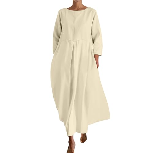 Damenkleider Sommer Elegant A-Linie Sommerkleid mit Ärmeln Langarm Blusenkleid Lang Locker Sommerkleider Frauen Leicht Und Luftig Strandkleid Maxi Rundhals Einfarbig Freizeitkleid Weite von FUPODD