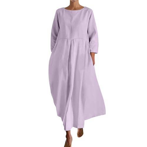 Damenkleider Sommer Elegant A-Linie Sommerkleid mit Ärmeln Langarm Blusenkleid Lang Locker Sommerkleider Frauen Leicht Und Luftig Strandkleid Maxi Rundhals Einfarbig Freizeitkleid Weite von FUPODD