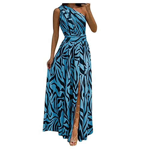 Damenkleider Sommer Lang One Shoulder Cocktailkleid Elegant A Linie Abendkleid mit Schlitz Abschlusskleider Maxi Ärmellos Kleid mit Gürtel Partykleid Hinten Offen Ballkleid Schwingen Luftig von FUPODD