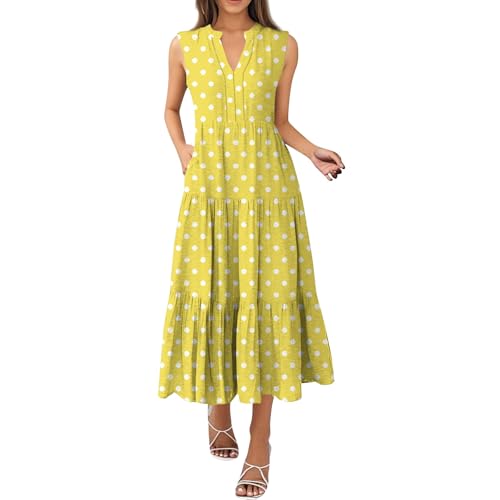 Damenkleider Sommer Lang Punkte Sommerkleid Elegant A Linie Rüschen Sommerkleider Leicht Und Luftig Kleider Ärmellos Kleid Mit Taschen Maxi V Ausschnitt Lässig Strandkleid Frauen Gepunktet von FUPODD