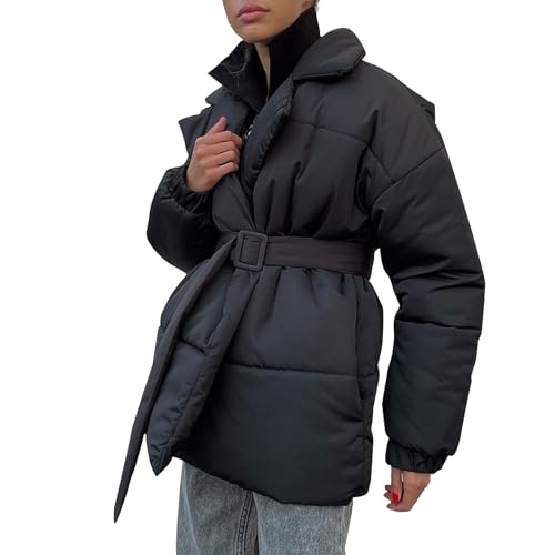 Daunenjacke Damen Winter Steppmantel Damen Dicke Winterjacke Warm Daunenmantel Mit Gürtel Wintermantel Revers Outdoor Steppjacke Frauen Mit Taschen Puffer Jacke Bequemes Mantel Winddicht von FUPODD