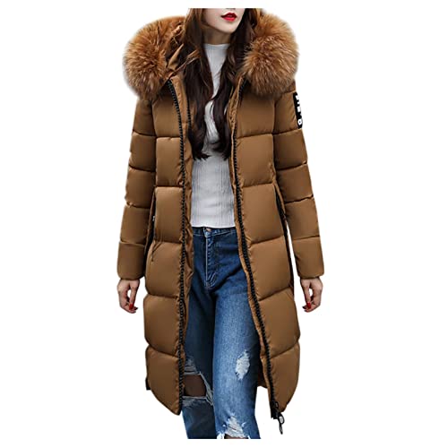 Daunenmantel Damen Fellkapuze Winterjacke Damen Warm Gefüttert Steppjacke Wintermantel Damen Lang Daunenjacke Frauen Reissverschluss Mantel Damen Winter Puffer Skijacke Dicke Steppmantel von FUPODD