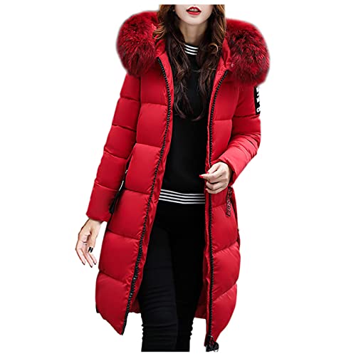 Daunenmantel Damen Fellkapuze Winterjacke Damen Warm Gefüttert Steppjacke Wintermantel Damen Lang Daunenjacke Frauen Reissverschluss Mantel Damen Winter Puffer Skijacke Dicke Steppmantel von FUPODD