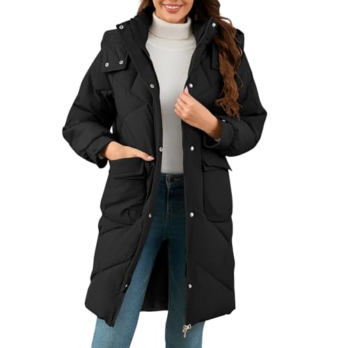 Daunenmantel Damen Lang Winter Verdickte Steppmantel Mit Kapuze Winterjacke Warm Daunenjacke Zipper Steppjacke Mit Taschen Puffer Jacke Frauen Wintermantel Einfarbige Langmantel Bequeme von FUPODD