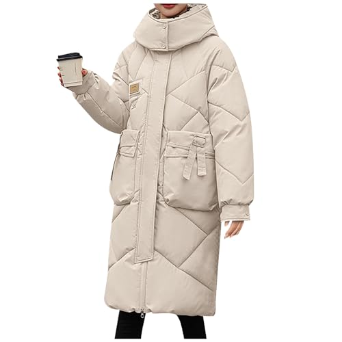 Daunenmantel Gefüttert Elegant Wintermantel Damen Lang Warm Steppmantel mit Kapuze Winterjack Übergangsjacke Gesteppte Leichte Lang Puffer Mantel Steppjacke Kapuzenjacke Fleece Winterjacken von FUPODD