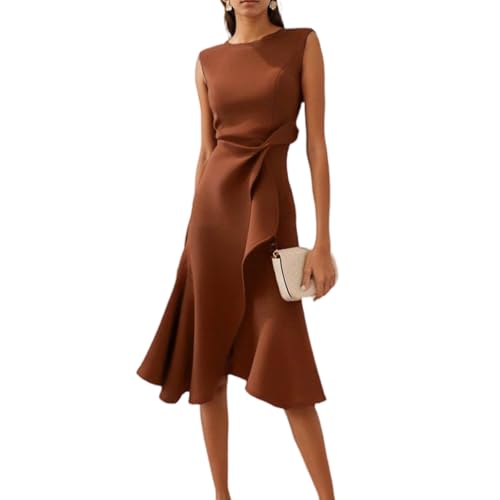 Elegante Kleider Damen Festlich Midikleid A Linie Rüschen Abendkleider Elegant Für Hochzeit Cocktailkleid Ärmellos Midi Kleid Hochzeitsgast Party Etuikleid Business Sommerkleid Frauen Leicht von FUPODD