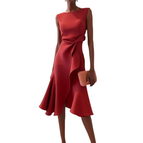 Elegante Kleider Damen Festlich Midikleid A Linie Rüschen Abendkleider Elegant Für Hochzeit Cocktailkleid Ärmellos Midi Kleid Hochzeitsgast Party Etuikleid Business Sommerkleid Frauen Leicht von FUPODD