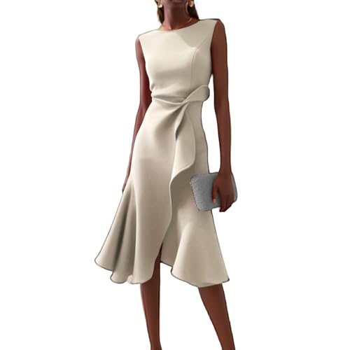 Elegante Kleider Damen Festlich Midikleid A Linie Rüschen Abendkleider Elegant Für Hochzeit Cocktailkleid Ärmellos Midi Kleid Hochzeitsgast Party Etuikleid Business Sommerkleid Frauen Leicht von FUPODD