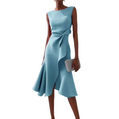 Elegante Kleider Damen Festlich Midikleid A Linie Rüschen Abendkleider Elegant Für Hochzeit Cocktailkleid Ärmellos Midi Kleid Hochzeitsgast Party Etuikleid Business Sommerkleid Frauen Leicht von FUPODD