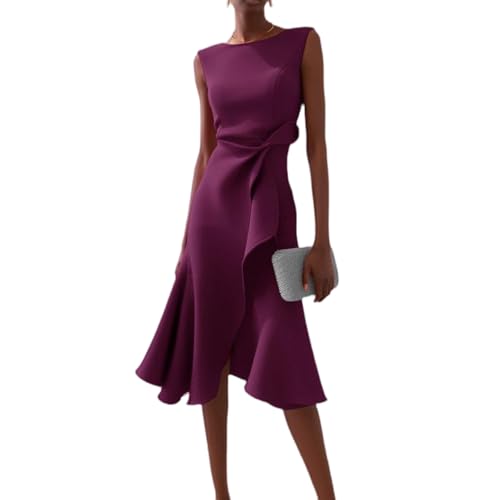 Elegante Kleider Damen Festlich Midikleid A Linie Rüschen Abendkleider Elegant Für Hochzeit Cocktailkleid Ärmellos Midi Kleid Hochzeitsgast Party Etuikleid Business Sommerkleid Frauen Leicht von FUPODD