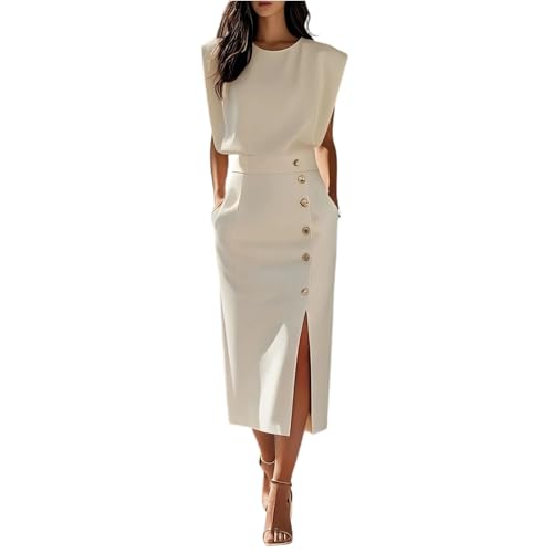 Etuikleid Damen Elegant Für Hochzeit Lang Cocktailkleid Business Kleid Hochzeitsgast Midi Mit Schlitz Abendkleid Festliche Kleider Knöpfe Midikleid Frauen Mit Taschen Sommerkleid Elegante von FUPODD