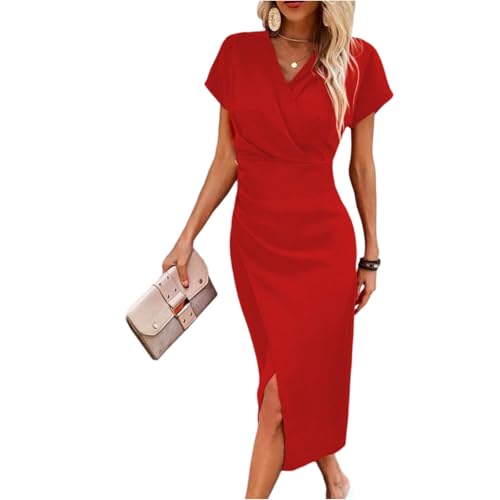 Etuikleid Damen Elegant Midi Wickelkleid V Ausschnitt Festliche Kleider Abendkleider Elegant Für Hochzeit Business Kleid Hochzeitsgast Party Midikleid Festlich Curvy Sommerkleid Frauen Leicht von FUPODD