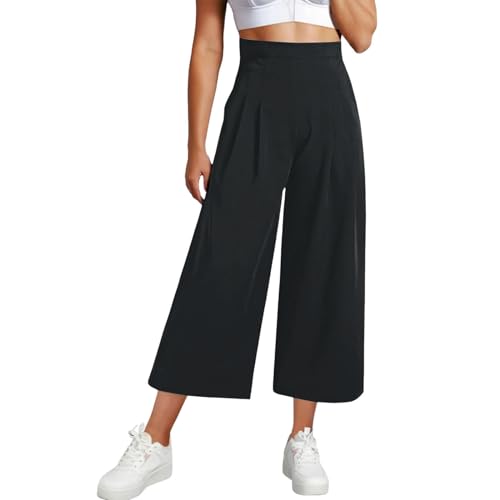 FUPODD 7/8 Culottes Hosen Damen Leicht Luftig Caprihose Damen Weite Freizeithose Stoffhose Damen Sommer Musselin Hose Damen High Waist Plissee Marlenehose Damen Dreiviertel Palazzo Hose Damen Elegant von FUPODD