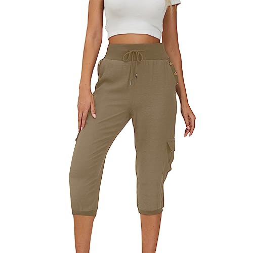 FUPODD 7/8 Hosen Damen Sommer Jogginghose Hohe Taile Stoffhose Damen Mit Tunnelzug Und Taschen Sweatpants Einfarbig Yogahose Große Größen Sporthose Casual Baggy Hosen Frauen Luftige von FUPODD