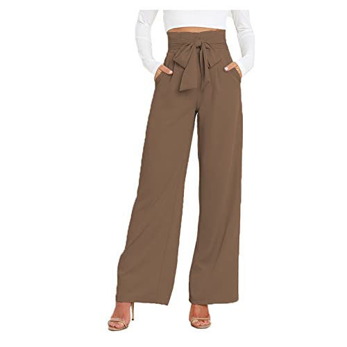 FUPODD Anzughose Sommerhosen Damen Bequeme Marlenehose Hohe Taile Business Hosen Damen Elegant Palazzo Hose Mit Seitentaschen Freizeithose Mit Drawstring Gürtel Schlupfhose Gerades Bein von FUPODD