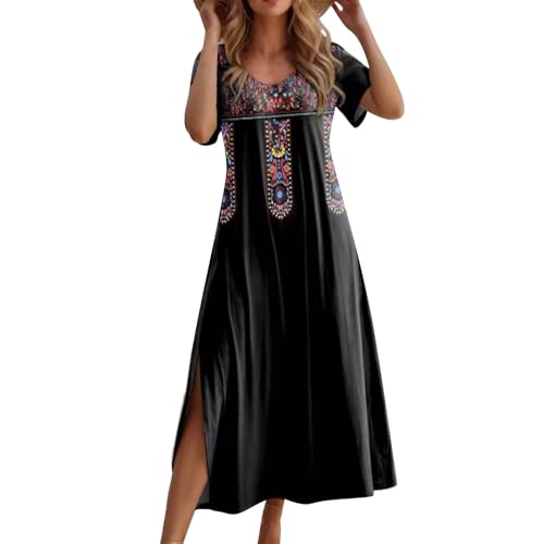 FUPODD Boho Kleid Damen Lang Mit Schlitz Sommer Elegant Sommerkleid Damen Leicht Blusenkleid Blumen Sommerkleider Damen Leicht Luftig Maxikleid Italienische Strandkleid Kurzarm Kleid U Ausschnitt von FUPODD