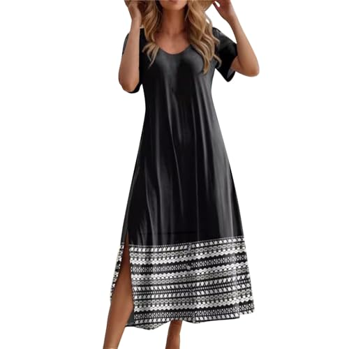 FUPODD Boho Kleid Damen Lang Mit Schlitz Sommer Elegant Sommerkleid Damen Leicht Blusenkleid Blumen Sommerkleider Damen Leicht Luftig Maxikleid Italienische Strandkleid Kurzarm Kleid U Ausschnitt von FUPODD