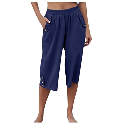 FUPODD Caprihose Damen Leinenhose Damen Sommer 7/8 Chinohose Derbe Sweatpant Sommerhose Leicht Freizeithose Sporthose Lang Gerades Bein Freizeithose Bequem Pumphose Damen Kurz Mit Taschen von FUPODD