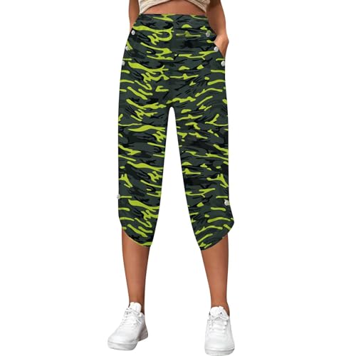 FUPODD Caprihose Damen Sommer 3/4 Hose Damen Camouflage Hose High Waist Jogginghose Bequeme Dreiviertel Hosen Elastisch Bund Sporthose Mit Taschen Luftige Hose Frauen Casual von FUPODD