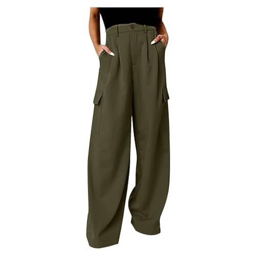 FUPODD Cargohose Damen Leichte Sommerhose Damen High Waist Marlenehose Weites Bein Freizeithose Mit Gummizug Arbeitshose Mit Vielen Taschen Culottes Hosen Locker Schlupfhose Damen Baumwolle von FUPODD