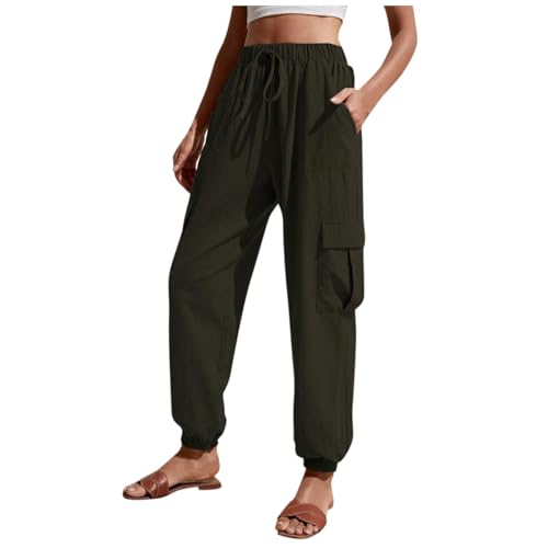 FUPODD Cargohose Damen Sommerhose Damen Leicht Hohe Taile Musselin Hose Damen Mit Drawstring Gürtel Jogginghose Einfarbig Freizeithose Mit Vielen Taschen Luftige Hosen Baumwolle Wanderhose von FUPODD