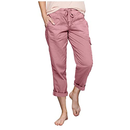 FUPODD Cargohose Damen Sommerhose Damen Stoffhose Sommer Leicht High Waist Strandhose Mit Kordelzug und Taschen Freizeithose Elegant Luftige Hosen Frauen Einfarbig Arbeitshose Bequeme von FUPODD