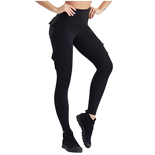 FUPODD Cargohose Damen Stretch Jogginghose Damen Lang Leggings mit Bauchkontrolle Push Up Leggings Po Damen Leggings Schwarz mit Taschen Fitnesshose Gym Sporthose Blickdichte Sweathose von FUPODD